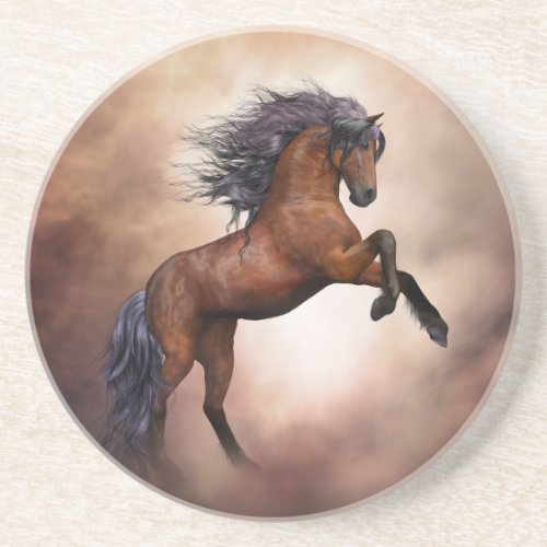 Friesian brown horse rearing up with misty clouds sandstone coaster