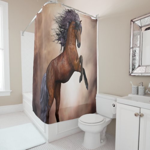 Friesian brown horse rearing up with misty clouds shower curtain