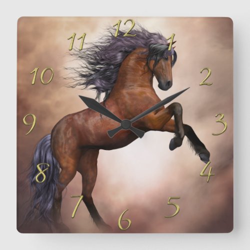 Friesian brown horse rearing up with misty clouds square wall clock