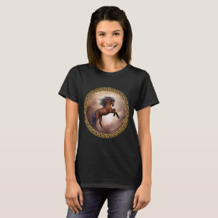 Friesian brown horse rearing up with misty clouds T-Shirt