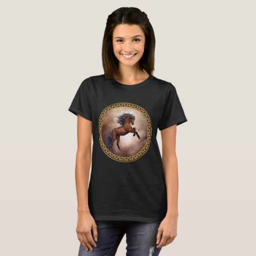 Friesian brown horse rearing up with misty clouds T_Shirt