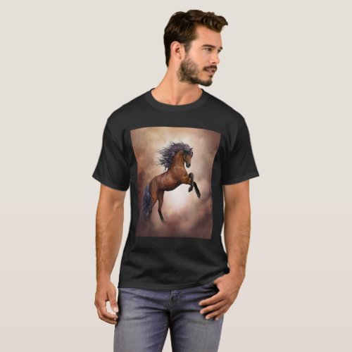 Friesian brown horse rearing up with misty clouds T_Shirt