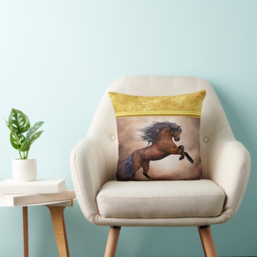 Friesian brown horse rearing up with misty clouds throw pillow