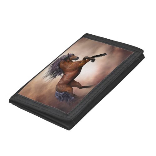 Friesian brown horse rearing up with misty clouds tri_fold wallet