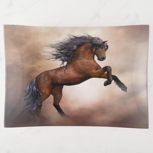 Friesian brown horse rearing up with misty clouds trinket tray