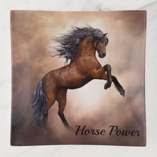Friesian brown horse rearing up with misty clouds trinket tray