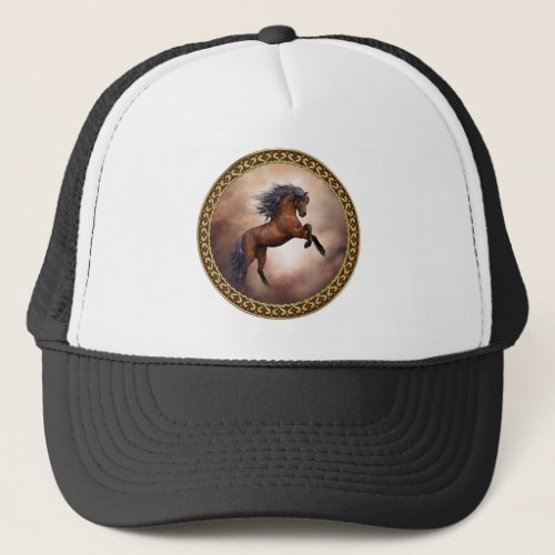 Friesian brown horse rearing up with misty clouds trucker hat