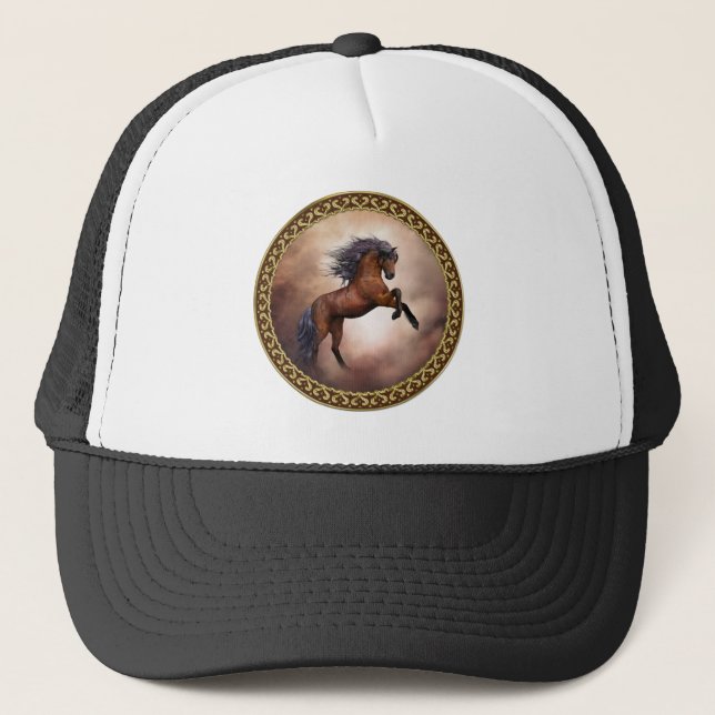 Friesian brown horse rearing up with misty clouds trucker hat (Front)