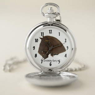 Friesian Draft Horse design Monogram silver Pocket Watch