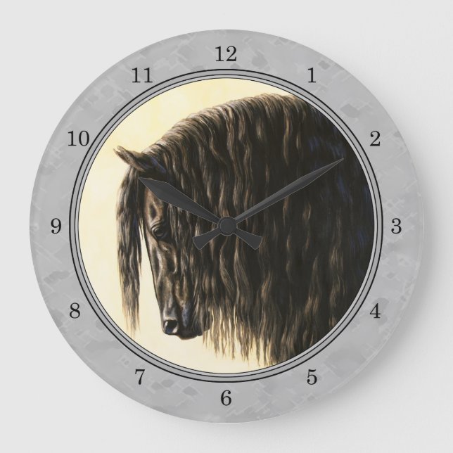 Friesian Draft Horse Silver Gray Large Clock (Front)