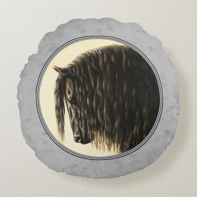 Friesian Draft Horse Silver Gray Round Pillow (Front)