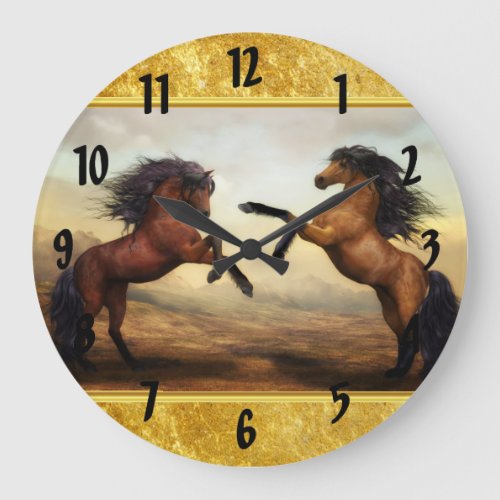 Friesian Draft Horses in a rocky mountain valley Large Clock