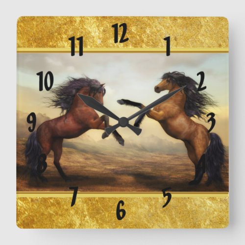 Friesian Draft Horses in a rocky mountain valley Square Wall Clock
