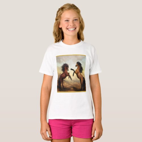 Friesian Draft Horses in a rocky mountain valley T_Shirt