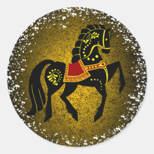 Friesian Folk black stallion/beauty,snow, gold Classic Round Sticker