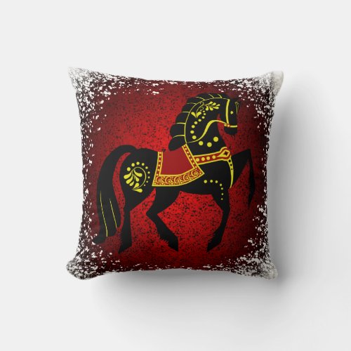 Friesian Folk black stallionblack beauty red Throw Pillow