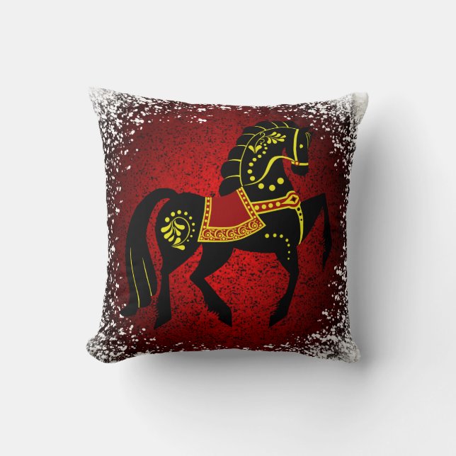 Friesian Folk black stallion/black beauty red Throw Pillow (Front)