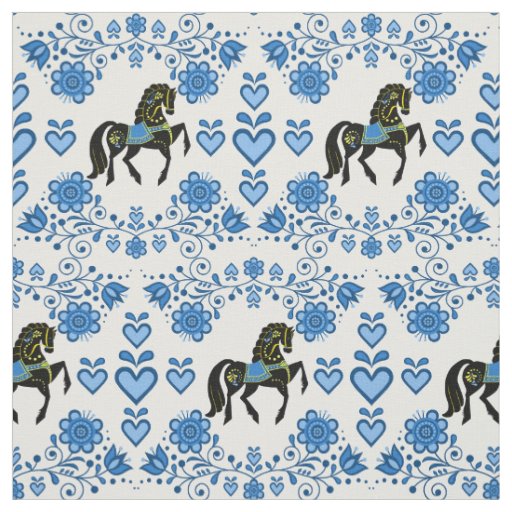 Friesian/Frisian Folk blue/gold/black,hearts, 4" Fabric