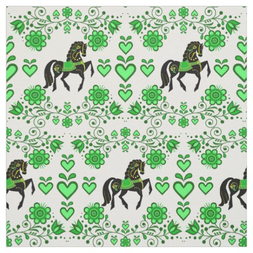 Friesian/Frisian Folk horse green/black,hearts, 4" Fabric