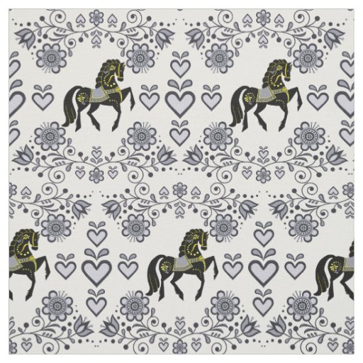 Friesian/Frisian Folk silver/gold/black,hearts, 4" Fabric