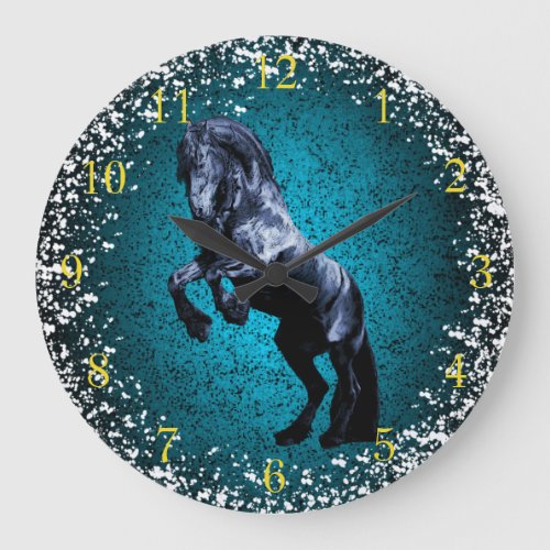 Friesian horse black beauty snow blue granite large clock