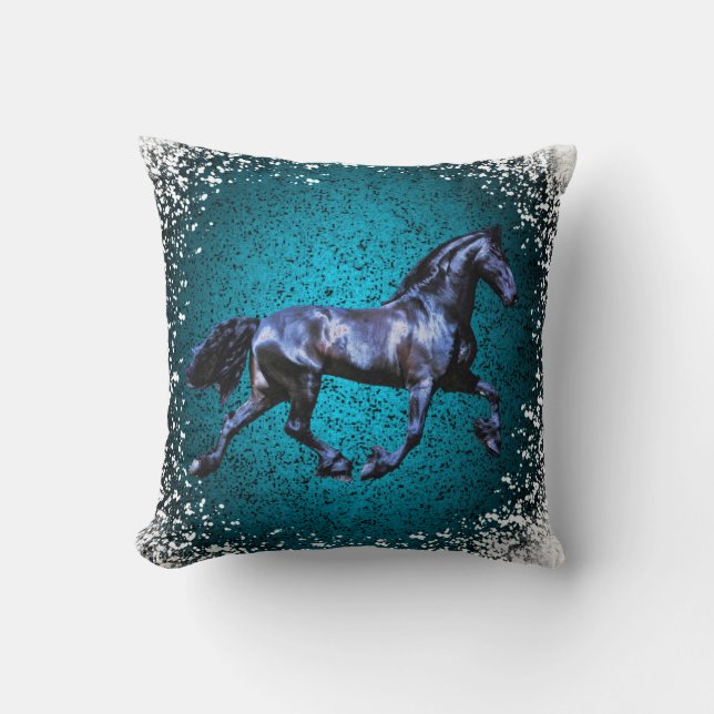 Friesian horse, black beauty stallion, snow blue throw pillow (Front)