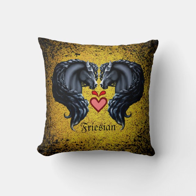 Friesian horse/black Friesian stallion/heart/gold Throw Pillow (Front)