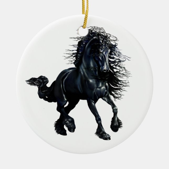 Friesian horse, black stallion beauty ceramic ornament (Front)
