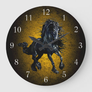 Friesian horse, black stallion beauty gold granite large clock