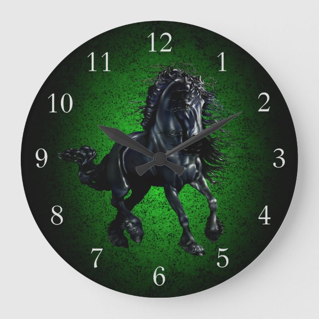 Friesian horse/black stallion beauty green granite large clock (Front)