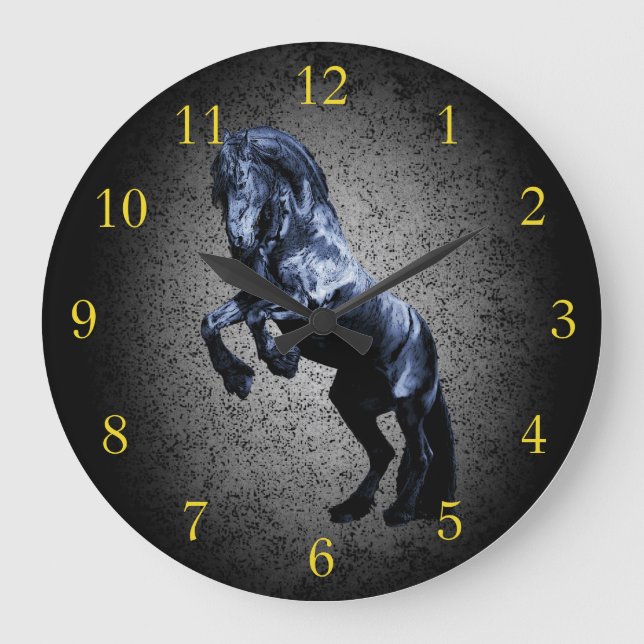 Friesian horse,black stallion beauty grey granite large clock (Front)