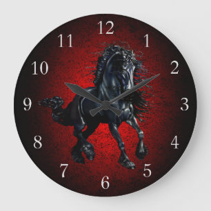 Friesian horse, black stallion beauty red granite large clock