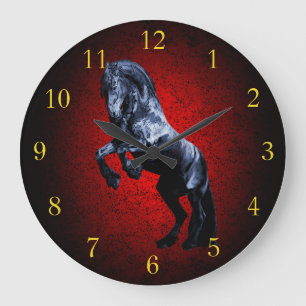 Friesian horse, black stallion beauty red granite large clock