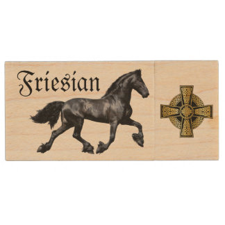 Friesian horse, black stallion/mare trotting wood  flash drive