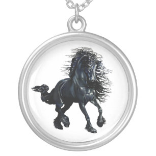 friesian horse black stallion running silver plated necklace