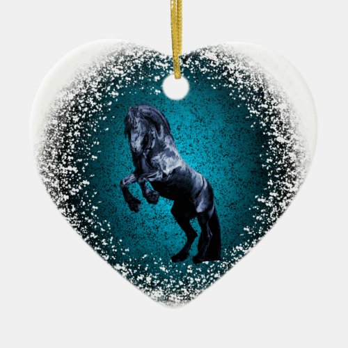 Friesian horse black stallionsnow blue granite ceramic ornament