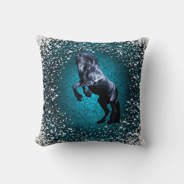 Friesian horse, black stallion, snow, blue throw pillow (Front)