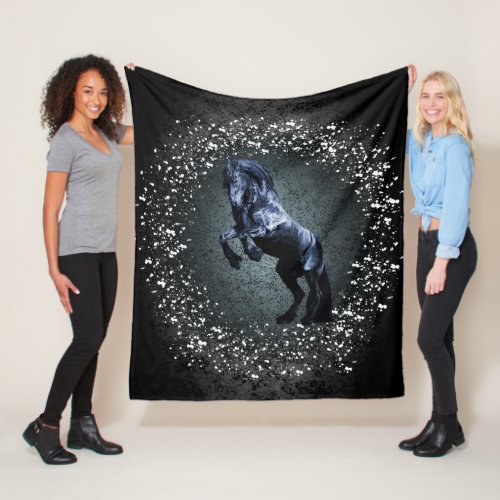 Friesian horse black stallion snow  grey fleece blanket