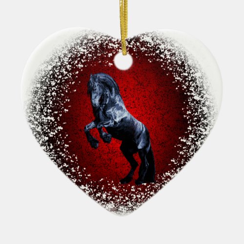 Friesian horse black stallionsnow red granite ceramic ornament