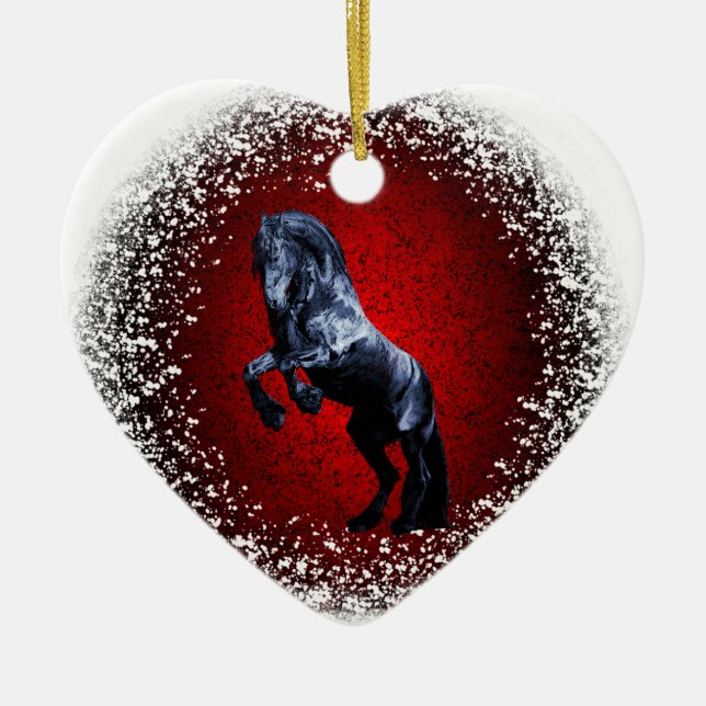 Friesian horse, black stallion,snow, red granite ceramic ornament (Front)