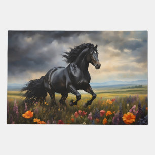 Friesian Horse Galloping Wildflowers Doormat