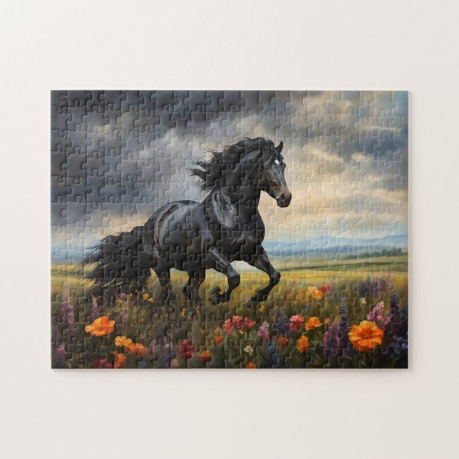 Friesian Horse Galloping Wildflowers Jigsaw Puzzle (Horizontal)