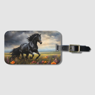 Friesian Horse Galloping Wildflowers Luggage Tag