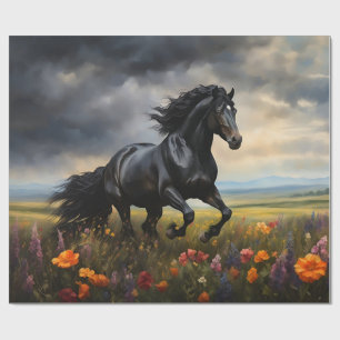 Friesian Horse Galloping Wildflowers Wrapping Paper
