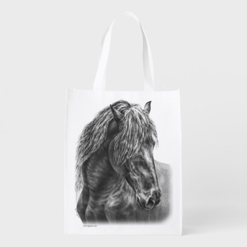 Friesian Horse Portrait Wavy Mane Reusable Grocery Bag