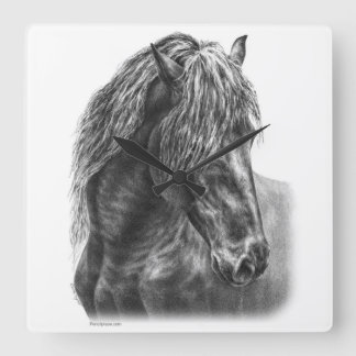 Friesian Horse Portrait Wavy Mane Square Wall Clock