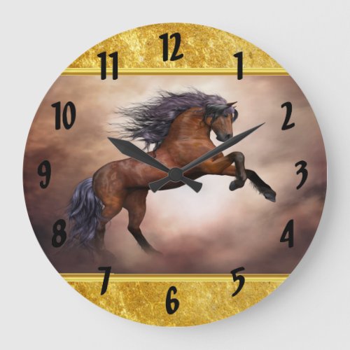 Friesian horse rearing up with misty clouds large clock