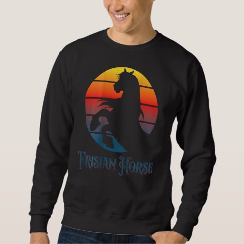 Friesian horse shadows in front of sunset rider sweatshirt