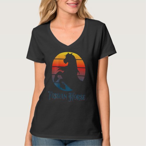 Friesian horse shadows in front of sunset rider T_Shirt