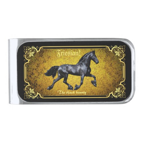 Friesian horse silhouettegoldblackblack  silver finish money clip